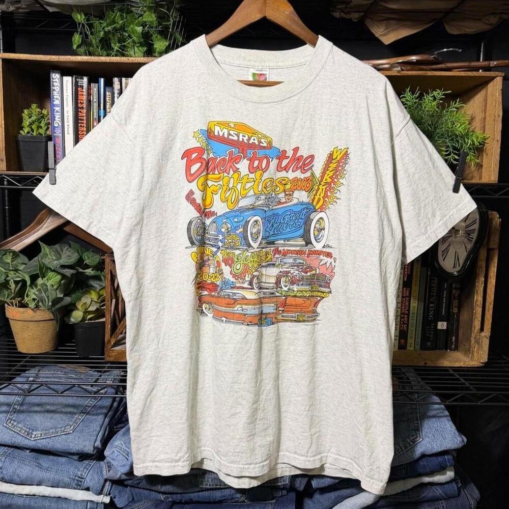 Vintage Y2K Back to the Fifties Car Show Tee Shirt Mens XL Gray Colorful